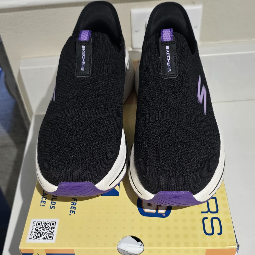Skechers Women's Black and Purple Slip-On Shoes Max Cushion